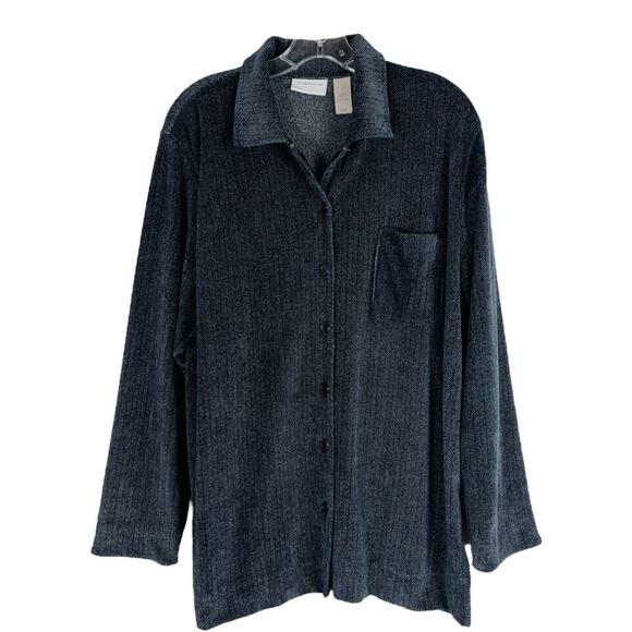 Liz Claiborne grey black velour herringbone button front collared shirt large - Picture 1 of 6